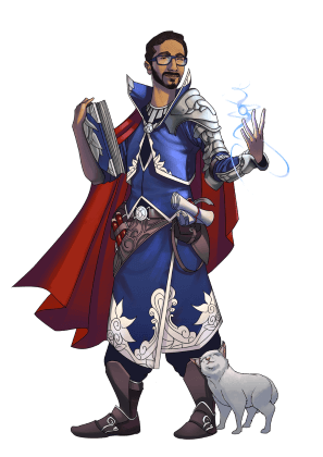 Leo as a druid, wearing a blue robe and a red cape. He is holding a blue spellbook on his right hand and invoking an elemental spell on his left hand. A white cat - his familiar - is next to him.